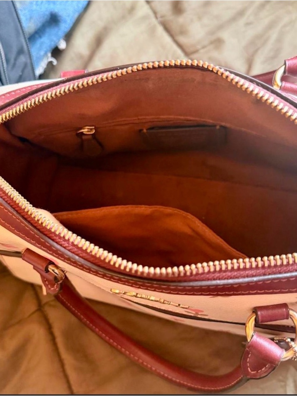 COACH Cream Floral Heart Satchel with Maroon Trim - Picture 4 of 4